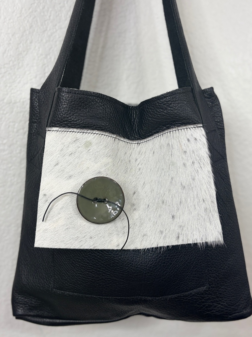 RENE DOMINO Artisan Black and White Leather Tote Bag with Calf Hair Front Panel - Picture 2 of 9